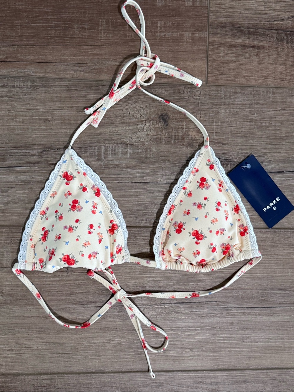Parke X Target Floral Cream & Red Triangle Bikini Top with Red Rose Print NWT
